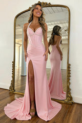 Pink Pearl Trim Mermaid Corset Prom Dress With Halter Neck And High Slit Formal Evening Gown