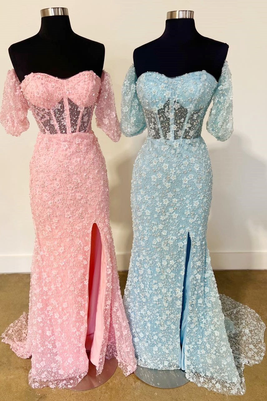 Pink Prom Dress 3D Floral Lace Sweetheart Mermaid Long Elegant Evening Dress with Split