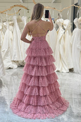 Pink Prom Dress A Line Backless Tiered Long Evening Dress