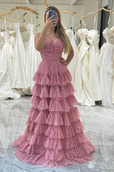 Pink Prom Dress A Line Backless Tiered Long Evening Dress