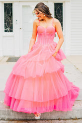 Pink Prom Dress A Line Spaghetti Straps Corset Tulle Long Evening Dress