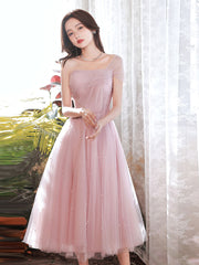Pink Prom Dress A Line Tea Length Tulle Formal Gown Evening Dress