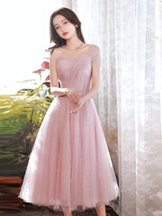Pink Prom Dress A Line Tea Length Tulle Formal Gown Evening Dress