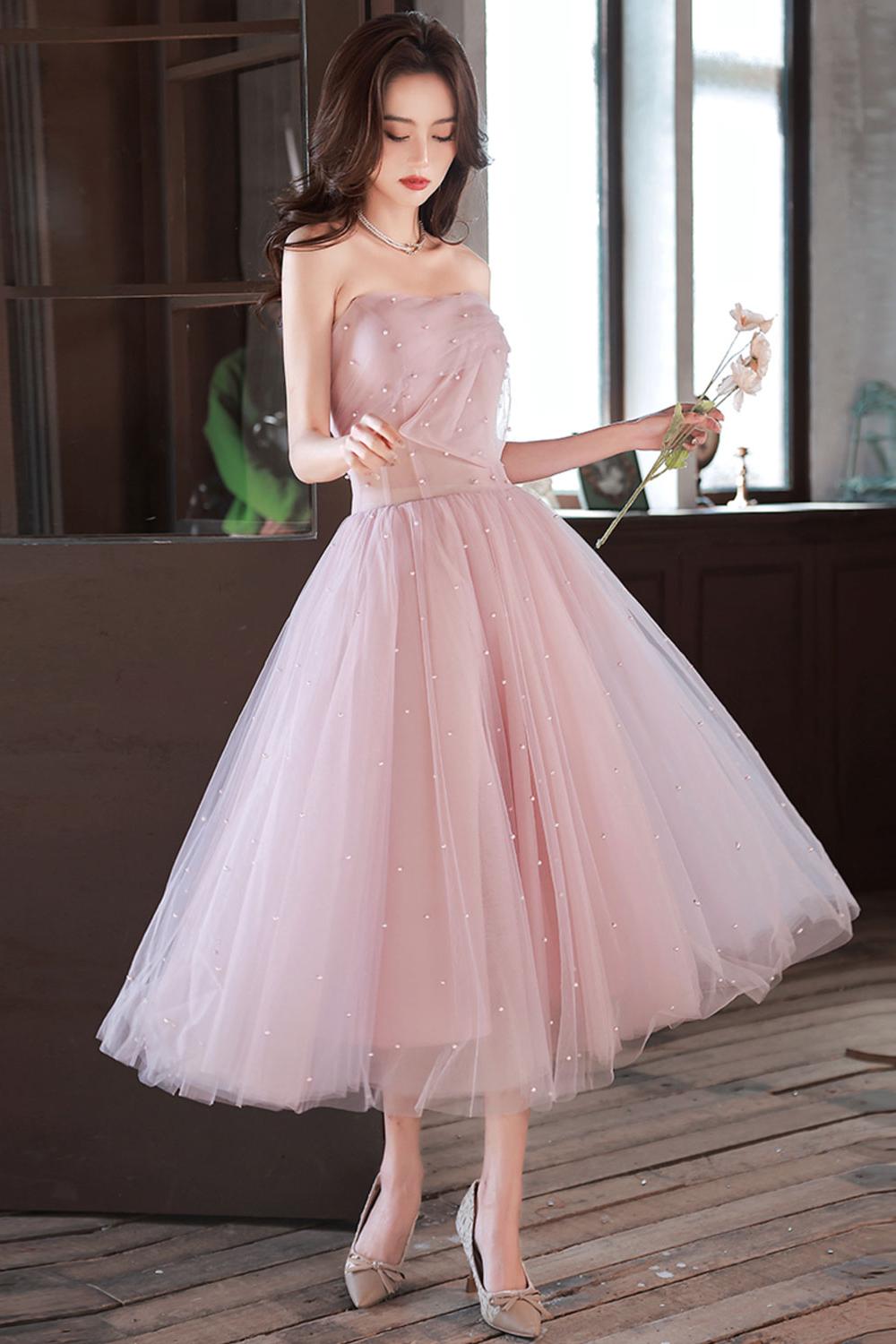 Pink Prom Dress A Line Tea Length Tulle Formal Gown Evening Dress