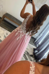 Pink Prom Dress A Line Tulle Evening Dress with Appliques