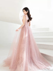 Pink Prom Dress A Line Tulle Long Formal Dress Evening Dress