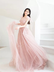 Pink Prom Dress A Line Tulle Long Formal Dress Evening Dress