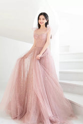 Pink Prom Dress A Line Tulle Long Formal Dress Evening Dress