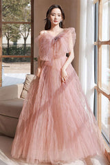 Pink Prom Dress A Line Tulle Long Formal Evening Dress