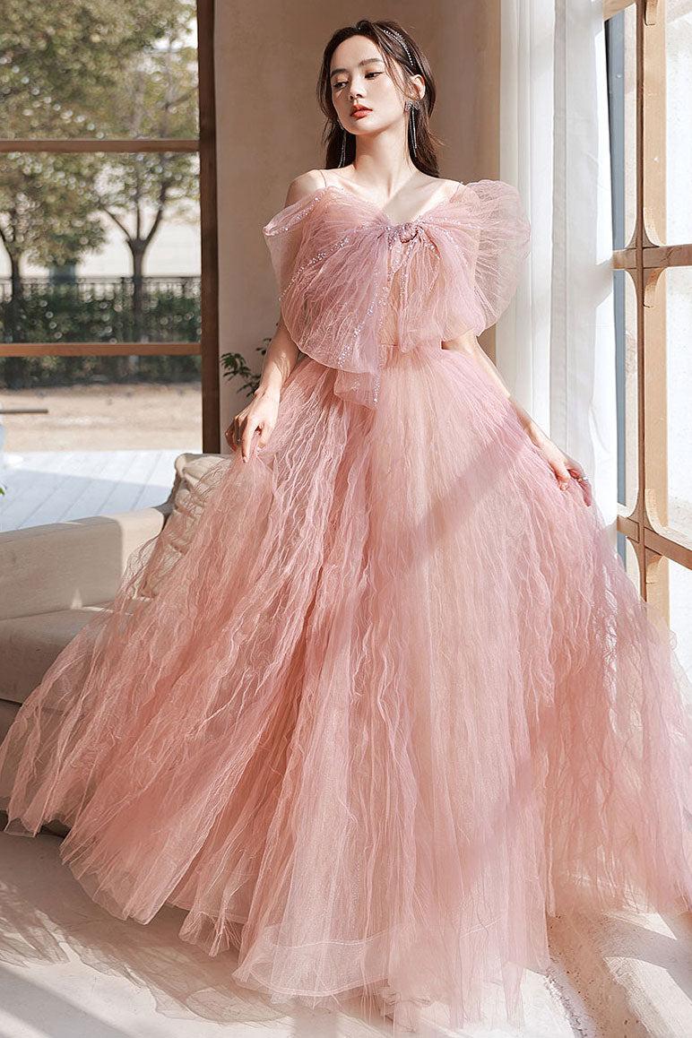 Pink Prom Dress A Line Tulle Long Formal Evening Dress