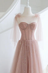 Pink Prom Dress A Line Tulle Long Formal Graduation Dress Formal Evening Dress