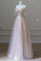 Pink Prom Dress A Line Tulle Sequin Long Formal Graduation Dress Evening Dress