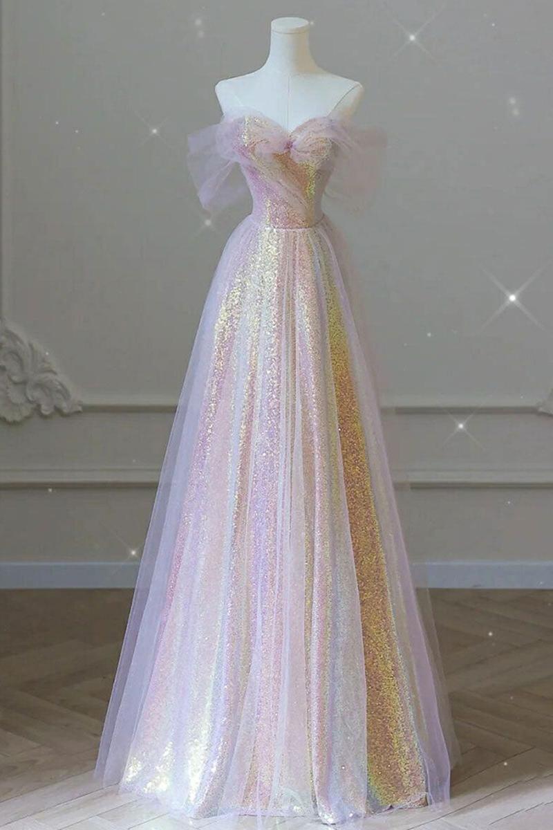 Pink Prom Dress A Line Tulle Sequin Long Formal Graduation Dress Evening Dress