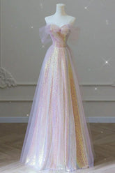 Pink Prom Dress A Line Tulle Sequin Long Formal Graduation Dress Evening Dress