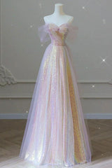 Pink Prom Dress A Line Tulle Sequin Long Formal Graduation Dress Evening Dress