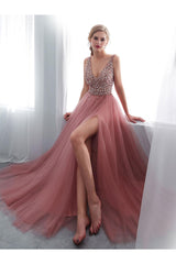Pink Prom Dress A Line V Neck Beaded Long Tulle Formal Evening Dress