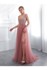 Pink Prom Dress A Line V Neck Beaded Long Tulle Formal Evening Dress