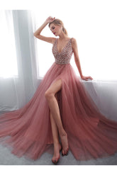 Pink Prom Dress A Line V Neck Beaded Long Tulle Formal Evening Dress