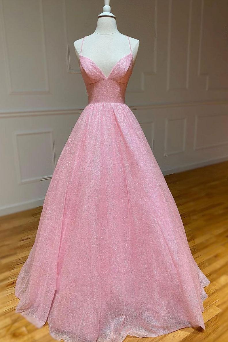 Pink Prom Dress A Line V Neck Tulle Long Formal Evening Dress