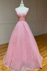 Pink Prom Dress A Line V Neck Tulle Long Formal Evening Dress