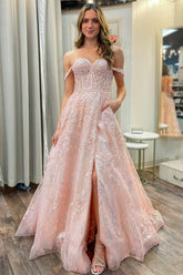 Pink Prom Dress Appliques Off the shoulder A Line Long Evening Dress