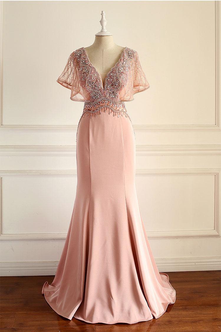 Pink Prom Dress Beaded Chiffon Long Formal Gown Evening Dress