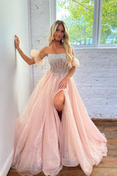 Pink Prom Dress Beaded Detachable Short Sleeves A Line Long Evening Dress with Slit