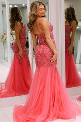 Pink Prom Dress Beaded Spaghetti Strap Trumpet Long Party Cocktail Dress