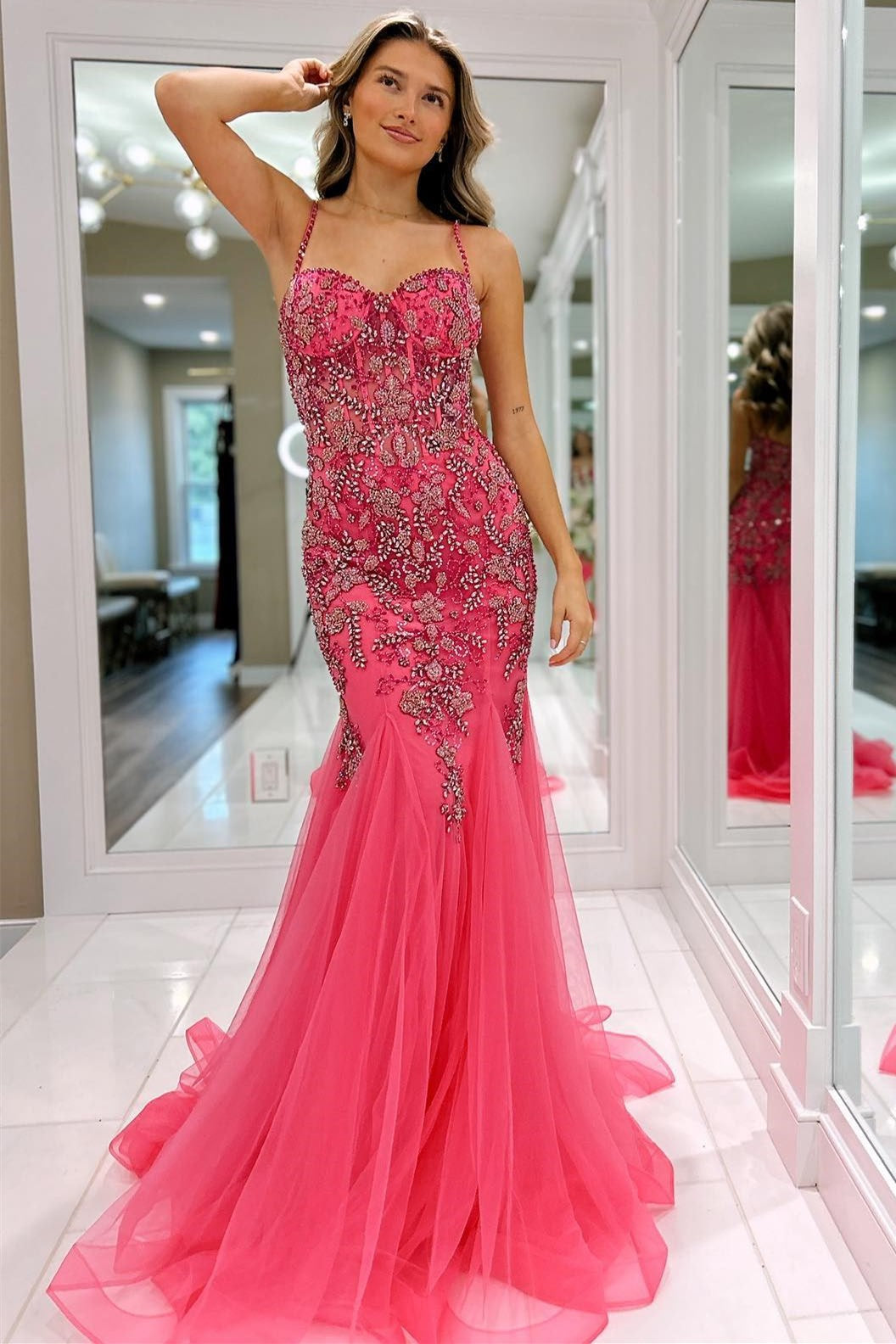 Pink Prom Dress Beaded Spaghetti Strap Trumpet Long Party Cocktail Dress