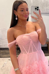 Pink Prom Dress Corset Off the Shoulder Long Evening Dress with Ruffles