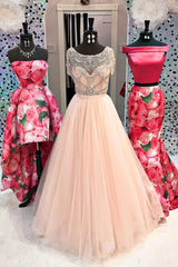 Pink Prom Dress Crew Neck Beaded Tulle Long Formal Evening Dress