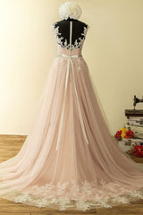 Pink Prom Dress Crew Neck Lace Long Evening Dress