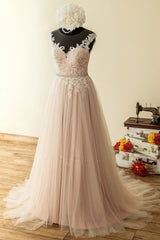 Pink Prom Dress Crew Neck Lace Long Evening Dress
