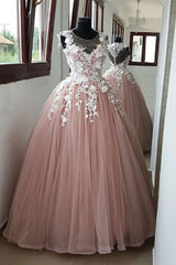 Pink Prom Dress Crew Neck Tulle Lace Appliques e Long Evening Dress