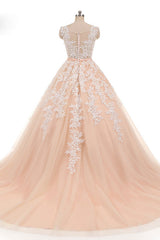 Pink Prom Dress Crew Neck Tulle Lace Long Evening Dress