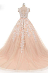 Pink Prom Dress Crew Neck Tulle Lace Long Evening Dress