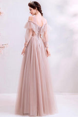 Pink Prom Dress Crew Neck Tulle Lace Long Evening Dress