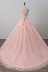 Pink Prom Dress Crew Neck Tulle Lace Long Evening Dress