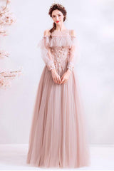 Pink Prom Dress Crew Neck Tulle Lace Long Evening Dress
