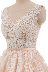 Pink Prom Dress Crew Neck Tulle Lace Long Evening Dress