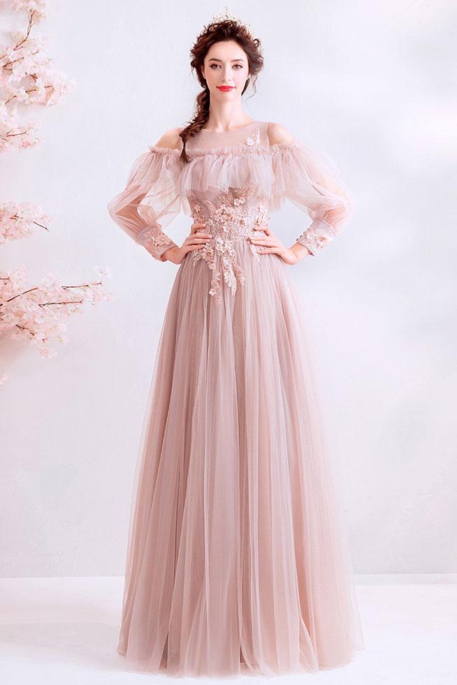 Pink Prom Dress Crew Neck Tulle Lace Long Evening Dress