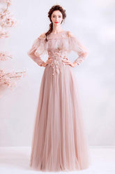 Pink Prom Dress Crew Neck Tulle Lace Long Evening Dress