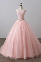 Pink Prom Dress Crew Neck Tulle Lace Long Evening Dress