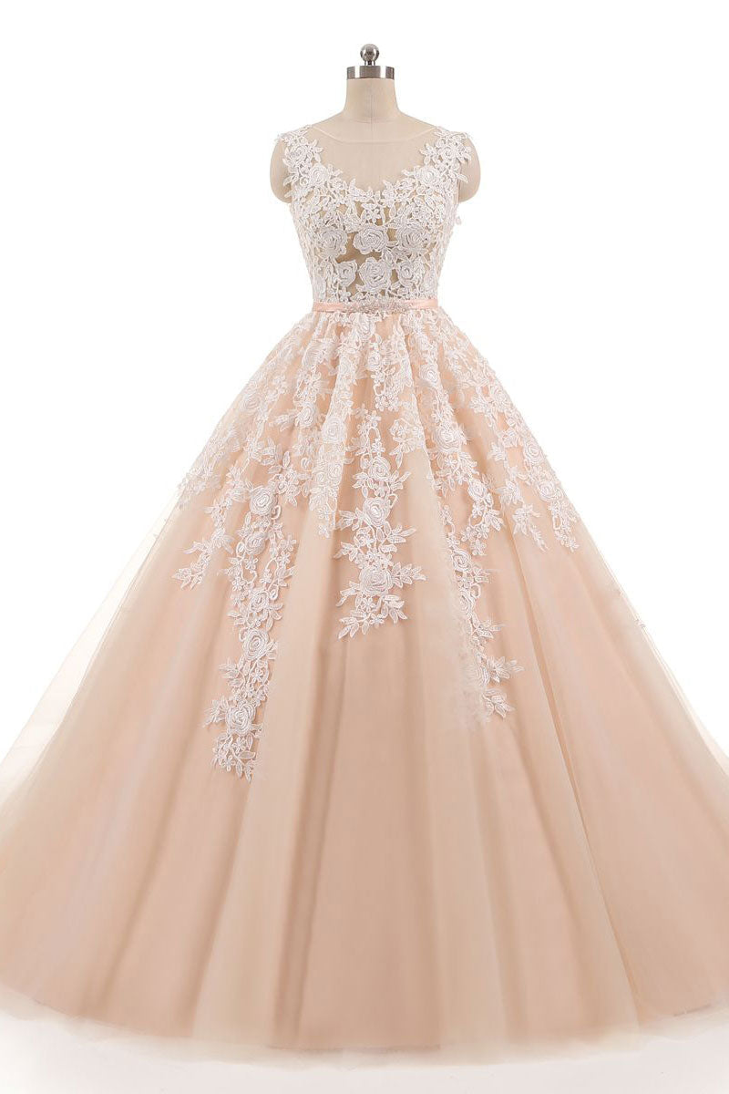 Pink Prom Dress Crew Neck Tulle Lace Long Evening Dress