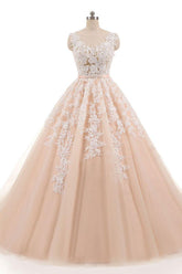 Pink Prom Dress Crew Neck Tulle Lace Long Evening Dress