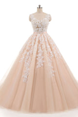 Pink Prom Dress Crew Neck Tulle Lace Long Evening Dress