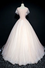 Pink Prom Dress Crew Neck Tulle Lace Long Formal Evening Dress