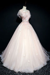 Pink Prom Dress Crew Neck Tulle Lace Long Formal Evening Dress