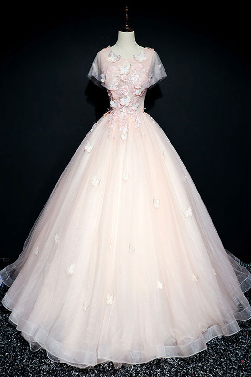 Pink Prom Dress Crew Neck Tulle Lace Long Formal Evening Dress