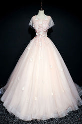 Pink Prom Dress Crew Neck Tulle Lace Long Formal Evening Dress